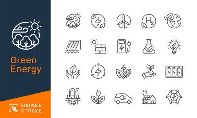 Green energy thin line icons. Editable stroke. Pixel perfect.