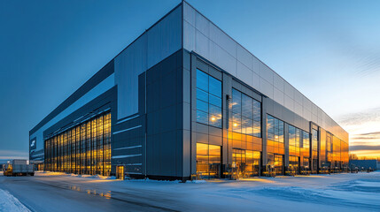 Obraz premium Modern food processing facility with clean stainless steel exterior, large ventilation systems, and loading docks