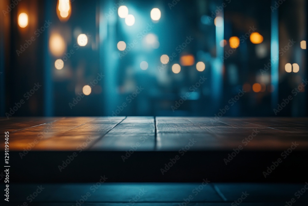 Aufkleber beautiful blurred background of an empty wooden table in the foreground and a dark, blurred bokeh of