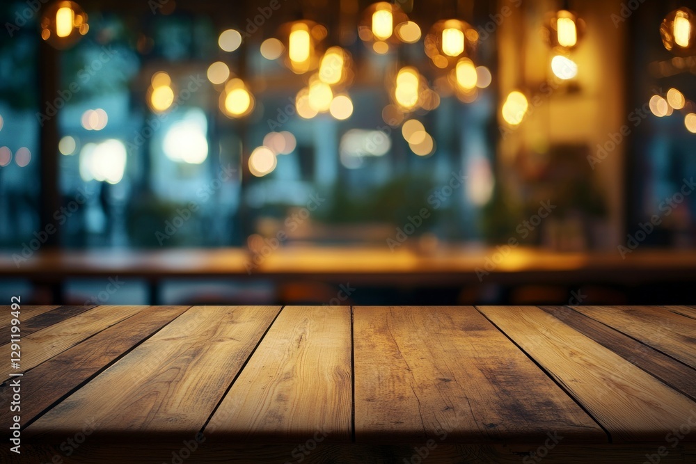 Poster beautiful blurred background of an empty wooden table in the foreground and a dark, blurred bokeh of