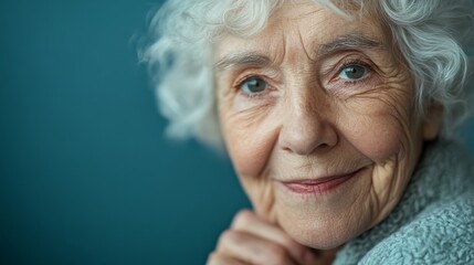 Elderly Woman with White Curls Smiling Gently Against a Teal Background
