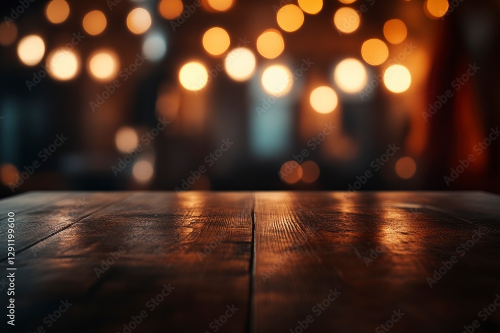 Poster beautiful blurred background of an empty wooden table in the foreground and a dark, blurred bokeh of