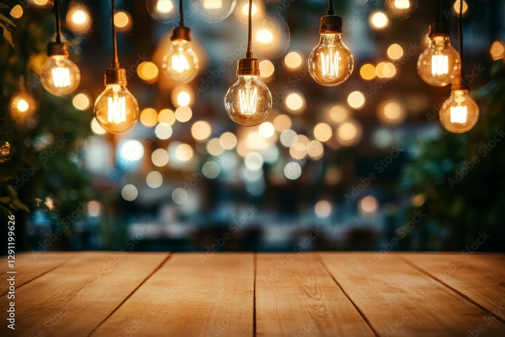 Aufkleber beautiful blurred background of an empty wooden table in the foreground and a dark, blurred bokeh of