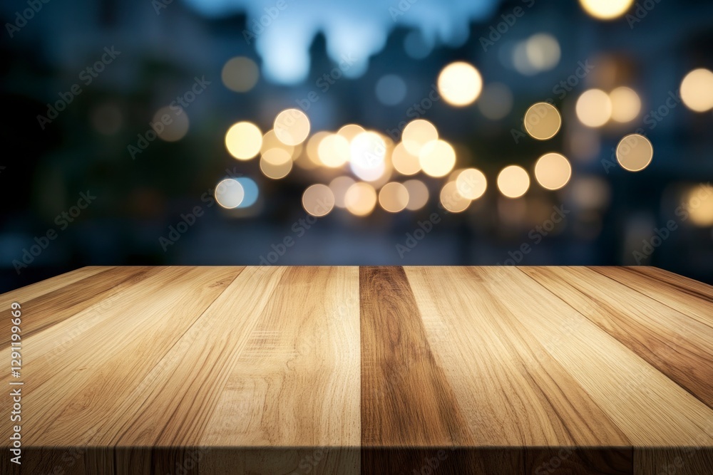 Poster beautiful blurred background of an empty wooden table in the foreground and a dark, blurred bokeh of
