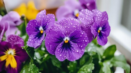Obraz premium Blooming purple flowers covered in delicate droplets after a gentle rain