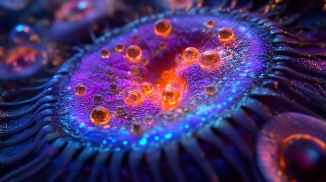 Realistic cross section of cell showcasing pinocytosis glowing droplet absorbed into membrane vibrant cinematic color symmetrical composition soft lighting natural texture proportionately accurate