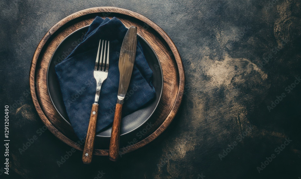 Poster black plate with fork and knife on a dark blue napkin on a gray background, top view. space for text