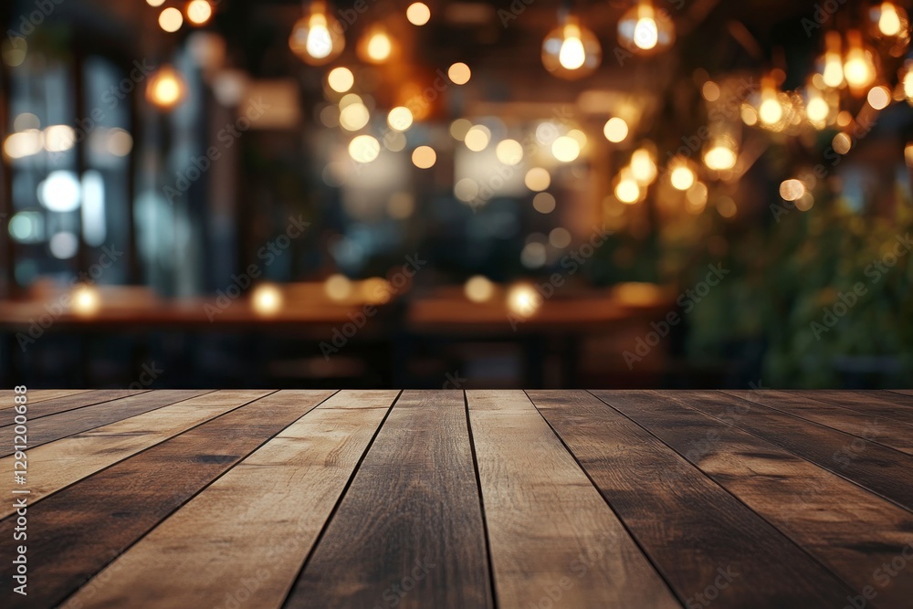 Poster beautiful blurred background of an empty wooden table in the foreground and a dark, blurred bokeh of