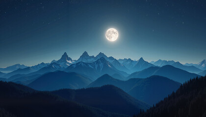 A breathtaking view of a mountain range under the soft glow of the full moon, highlighting the beauty of nature at night.