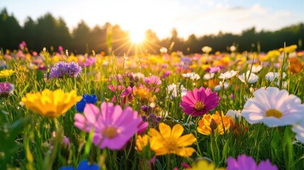 Obraz premium Sunlight creating a warm glow over a vibrant field of blooming wildflowers at sunset