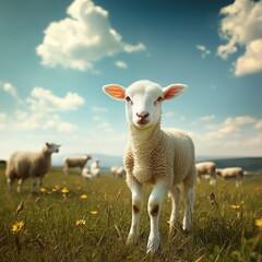 Obraz premium Adorable Fluffy Lamb in Sunny Green Pasture