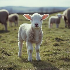 Obraz premium Adorable White Lamb in a Green Pasture