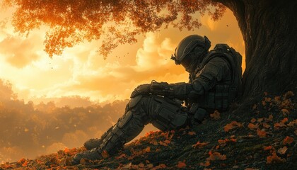 A soldier resting under a tree in a vibrant autumn scene