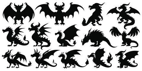 Obraz premium Dragon animals Black silhouettes Set