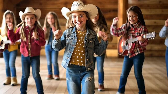 Group young children in cowboy hats perform country dance in a barn during a joyful celebration with guitars
