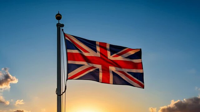 national flag of united kingdom waving on blue sky, banner on the wind, union jack on windy day