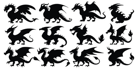 Fototapeta premium Dragon animals Black silhouettes Vactor