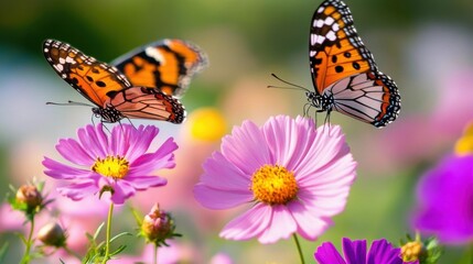Colorful butterflies flutter around vibrant flowers in a sunny garden