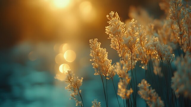 Setaria viridis with feathery seed heads glows in golden evening light. The shallow depth of field and creamy bokeh background create a dreamy, botanical atmosphere with muted earth tones.