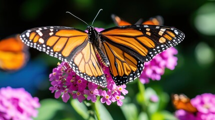 Butterflies flutter around bright pink flowers in a vibrant garden setting on a sunny day