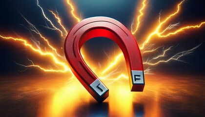 a red horseshoe magnet attracts yellow lightning bolts symbolizing powerful attraction and energy