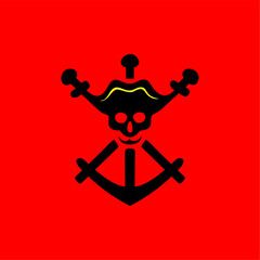 Pirate Skull Emblem with Swords and Anchor on Red Background. A bold pirate skull emblem featuring crossed swords, an anchor, and a tricorn hat with gold detail. Perfect for logos, branding, gaming, 