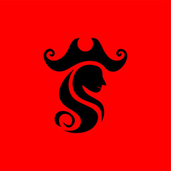 Elegant Pirate Silhouette Logo with Abstract Design.  A creative vector illustration of a pirate silhouette with abstract flowing lines, set against a bold red background.