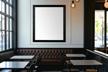 mockup of an empty, blank poster frame on the wall in an urban coffee shop, with white walls, black trim, and brown leather seating.