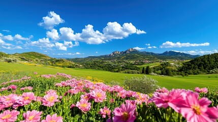 Fototapeta premium Hills covered in soft light with vibrant flowering under a clear blue sky