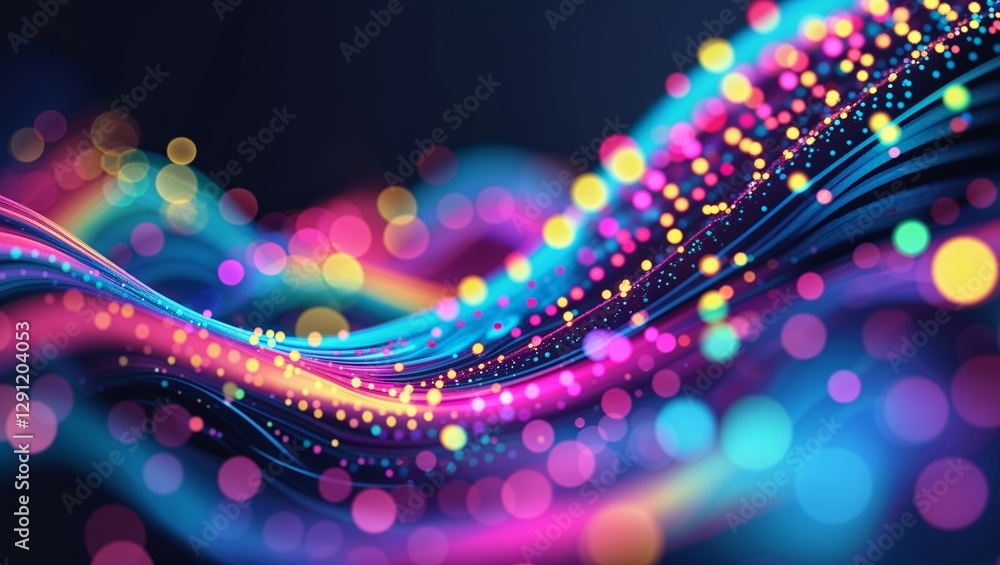 Poster colorful light waves flow through a dark background creating a vibrant, dynamic visual effect