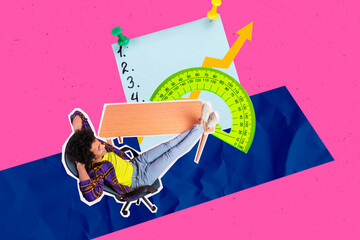 Composite art 3d creative image collage of happy american man sit stool workplace desk paper sheet...