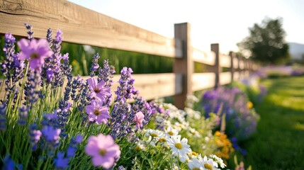 Obraz premium Colorful wildflowers bloom beside a wooden fence under the warm sunlight in a peaceful rural setting