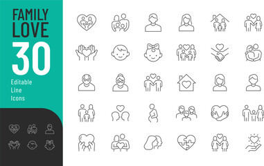 Family and Love Line Editable Icons set. Vector illustration in modern thin line style of relationships related icons: traditional and lgbtq couple, family members, symbols of love, and more. 