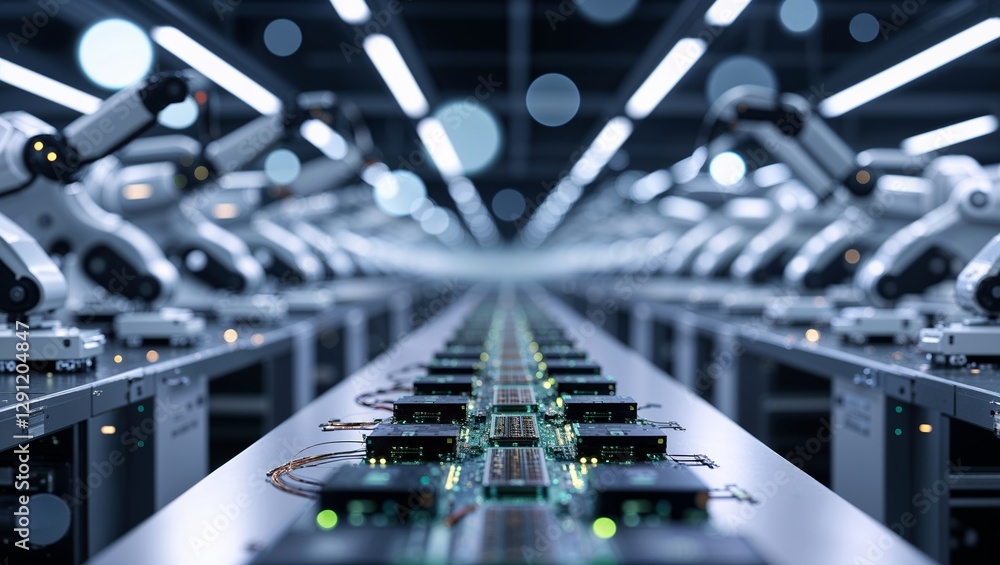 Poster robotics and automation at work in a high-tech assembly line for manufacturing electronic components