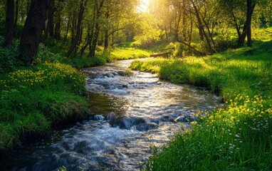 Gentle river flowing through a bright spring landscape