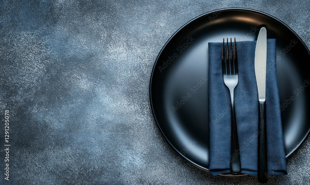 Poster black plate with fork and knife on a dark blue napkin on a gray background, top view. space for text