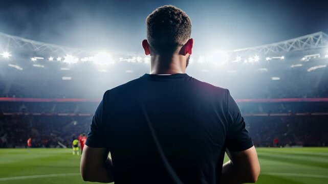 A coach in a black shirt stands on the sidelines of a crowded stadium during a soccer match under bright backlights, with the players on the field slightly blurred.