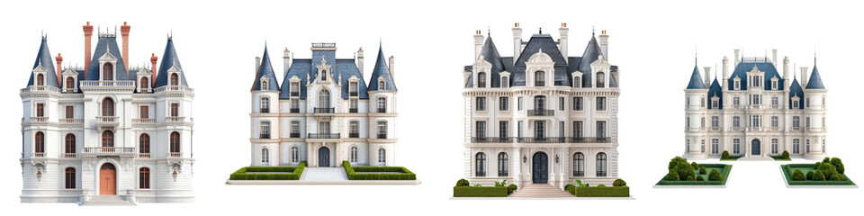 Obraz premium Detailed digital showcasing the architectural grandeur and elegant designs of various medieval and Renaissance style castles chateaus and palaces set against lush landscaped gardens and environments