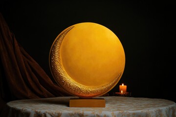 Sculpture featuring yellow moon shape illuminated softly, creati
