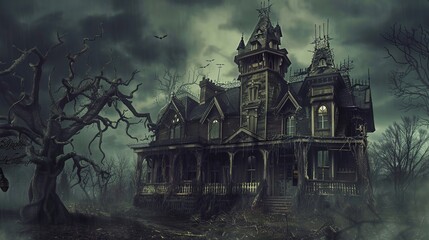 Obraz premium Eerie Haunted House Horror Scene Background with Spooky Atmosphere, Creepy Victorian Mansion, Ghostly Shadows, and Halloween Decoration for Dark Fantasy Design