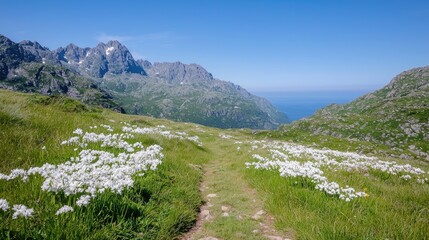 Mountain path through white flowers, overlooking sea. Hiking trail in scenic meadow. Use Stock photo of nature