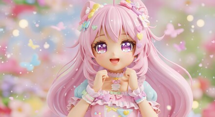 Fototapeta premium Charming Anime Girl with Pink Hair in Dreamy Floral Scene