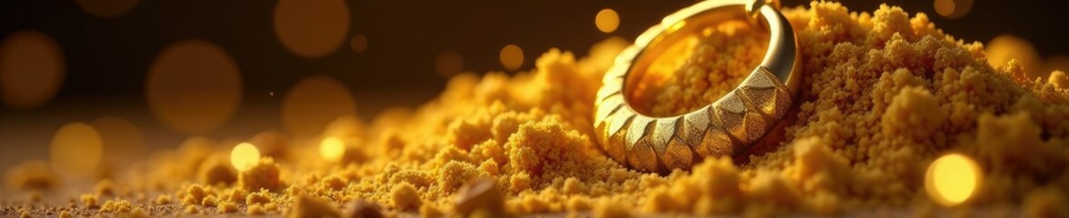 Golden earring buried beneath thick layer of golden dust, treasure, luxury