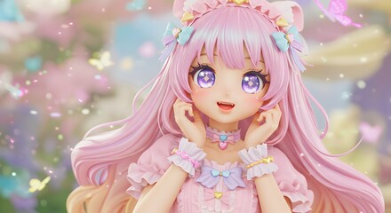 Fototapeta premium Anime Style Girl with Pink Hair and Large Eyes Smiling Lovingly