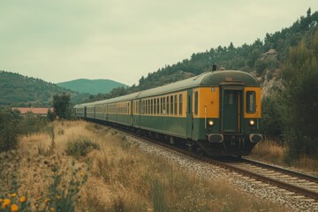 Fototapeta premium Vintage Green and Yellow Passenger Train on Rural Railway Line