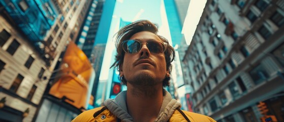 Man in city street urban lifestyle travel photography stylish and modern atmosphere of New York