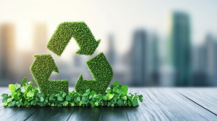 This vibrant representation showcases a green recycling symbol made of lush foliage, positioned in front of a city skyline, highlighting corporate dedication to environmental sustainability
