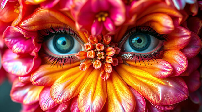 Weibliches Gesicht mit Blumen und Bl&uuml;ten. 