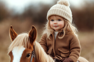 Young child in a coat and knit hat riding a horse outdoors.