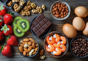 Fototapeta premium Fresh Ingredients for a Healthy Lifestyle Including Fruits, Nuts, Seafood, Chocolate, and Eggs on a Rustic Wooden Background